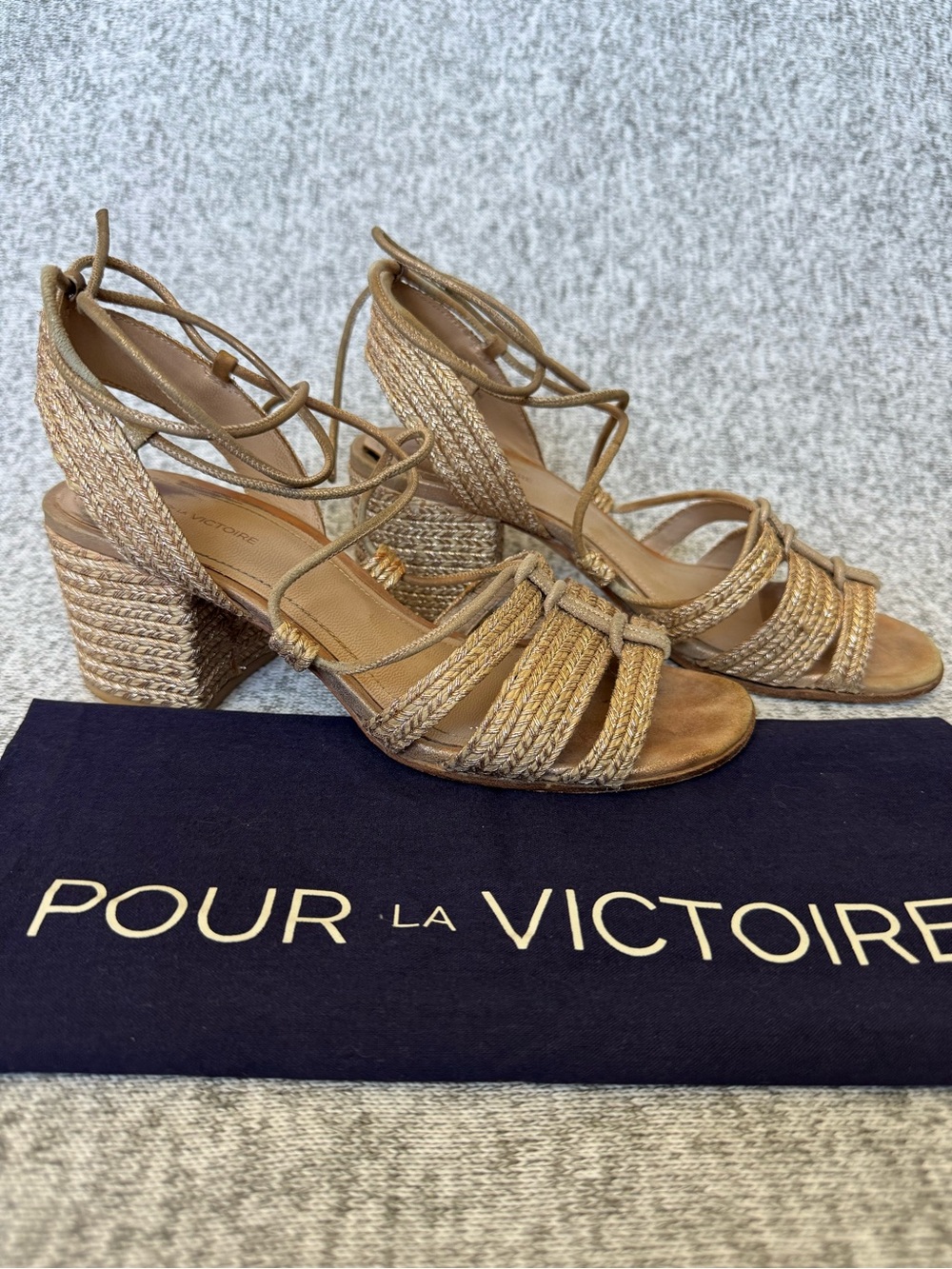 Pour La Victoire Braided Tan Block Heel Sandals with Ankle Wrap